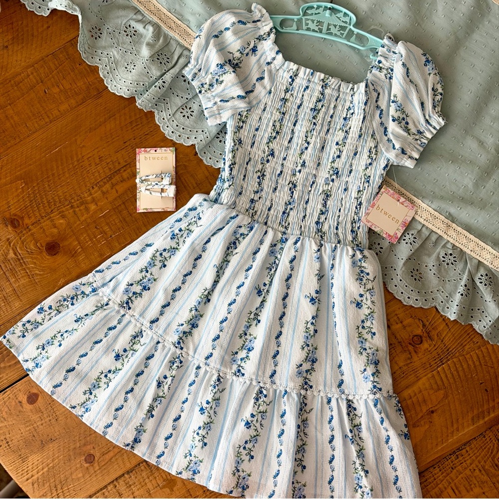 btween White with Light Blue Floral Smocked Puff Sleeve Dress NWT’s - Picture 7 of 9